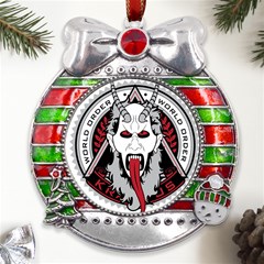 Krampus Metal X mas Ribbon With Red Crystal Round Ornament