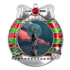 Astronaut-moon-space-nasa-planet Metal X mas Ribbon With Red Crystal Round Ornament by Cowasu