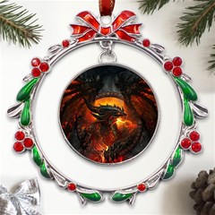 Dragon Fire Fantasy Art Metal X mas Wreath Ribbon Ornament by Cowasu