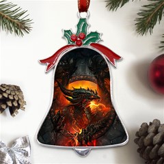 Dragon Fire Fantasy Art Metal Holly Leaf Bell Ornament by Cowasu