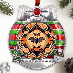 Bat pattern Metal X Mas Ribbon With Red Crystal Round Ornament