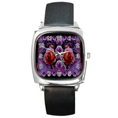 Night So Peaceful In The World Of Roses Square Metal Watch by pepitasart