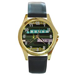 Narrow-boats-scene-pattern Round Gold Metal Watch by Cowasu