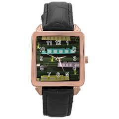 Narrow-boats-scene-pattern Rose Gold Leather Watch  by Cowasu