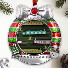 Narrow-boats-scene-pattern Metal X mas Ribbon With Red Crystal Round Ornament by Cowasu