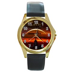 Science-fiction-digital-illustration Round Gold Metal Watch by Cowasu