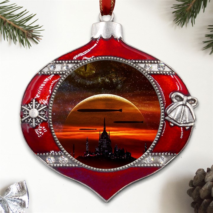 Science-fiction-digital-illustration Metal Snowflake And Bell Red Ornament