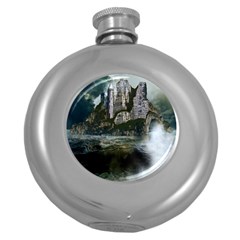 Sea-island-castle-landscape Round Hip Flask (5 Oz) by Cowasu