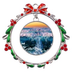 Sea-waves-ocean-water-beach-surf Metal X mas Wreath Ribbon Ornament