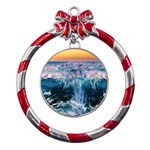 Sea-waves-ocean-water-beach-surf Metal Red Ribbon Round Ornament Front