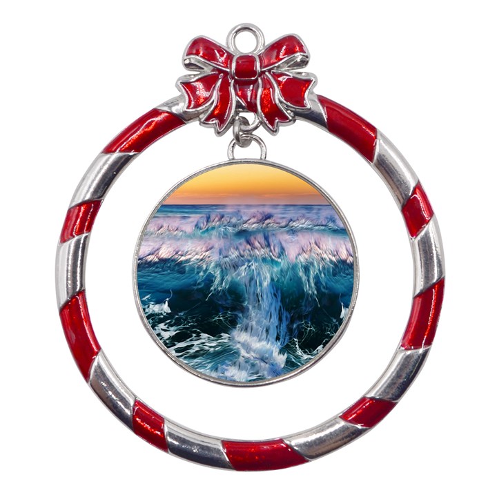 Sea-waves-ocean-water-beach-surf Metal Red Ribbon Round Ornament