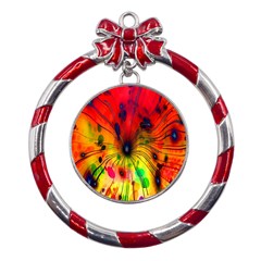 Color-background-structure-lines Metal Red Ribbon Round Ornament by Cowasu