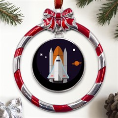 Rocket-space-universe-spaceship Metal Red Ribbon Round Ornament