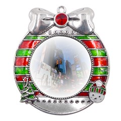 New York City Metal X mas Ribbon With Red Crystal Round Ornament by Sarkoni