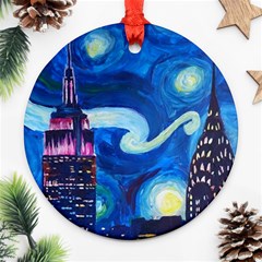 Starry Night In New York Van Gogh Manhattan Chrysler Building And Empire State Building Ornament (round)