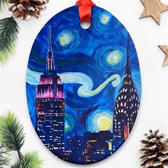 Starry Night In New York Van Gogh Manhattan Chrysler Building And Empire State Building Ornament (oval)