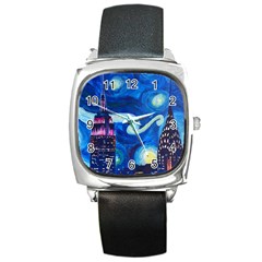 Starry Night In New York Van Gogh Manhattan Chrysler Building And Empire State Building Square Metal Watch by Sarkoni