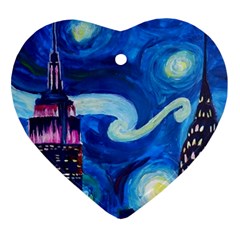 Starry Night In New York Van Gogh Manhattan Chrysler Building And Empire State Building Heart Ornament (two Sides) by Sarkoni