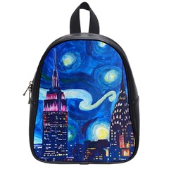 Starry Night In New York Van Gogh Manhattan Chrysler Building And Empire State Building School Bag (small) by Sarkoni