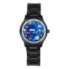 Starry Night In New York Van Gogh Manhattan Chrysler Building And Empire State Building Stainless Steel Round Watch by Sarkoni