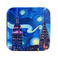 Starry Night In New York Van Gogh Manhattan Chrysler Building And Empire State Building Square Metal Box (black) by Sarkoni