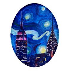 Starry Night In New York Van Gogh Manhattan Chrysler Building And Empire State Building Oval Glass Fridge Magnet (4 Pack) by Sarkoni