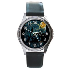 Castle Starry Night Van Gogh Parody Round Metal Watch by Sarkoni