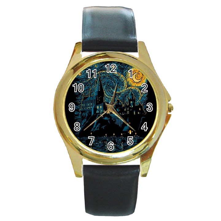 Castle Starry Night Van Gogh Parody Round Gold Metal Watch