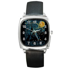 Castle Starry Night Van Gogh Parody Square Metal Watch by Sarkoni