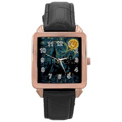 Castle Starry Night Van Gogh Parody Rose Gold Leather Watch 