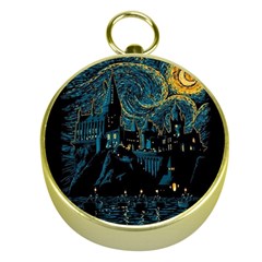 Castle Starry Night Van Gogh Parody Gold Compasses by Sarkoni