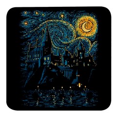 Castle Starry Night Van Gogh Parody Square Glass Fridge Magnet (4 Pack)