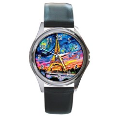 Eiffel Tower Starry Night Print Van Gogh Round Metal Watch by Sarkoni