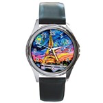 Eiffel Tower Starry Night Print Van Gogh Round Metal Watch Front