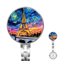 Eiffel Tower Starry Night Print Van Gogh Stainless Steel Nurses Watch by Sarkoni