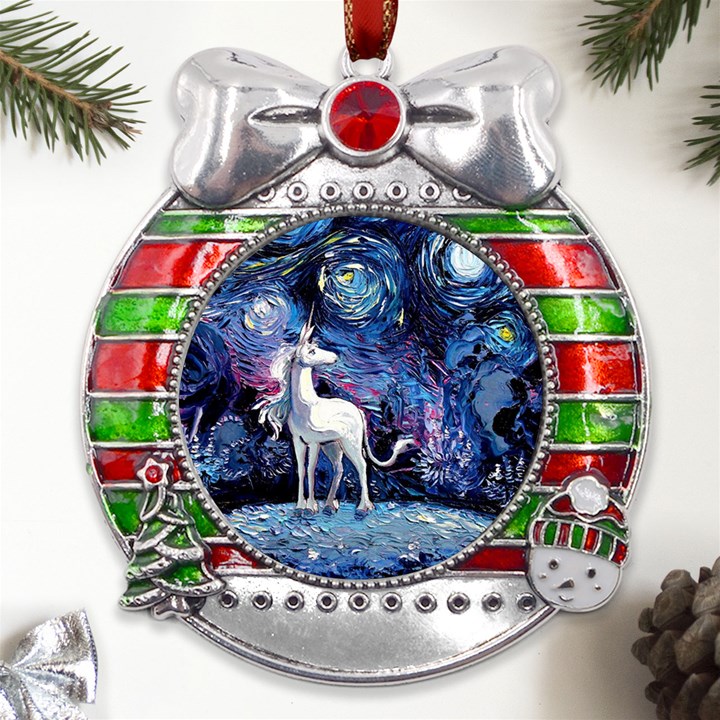 Unicorn Starry Night Print Van Gogh Metal X Mas Ribbon With Red Crystal Round Ornament