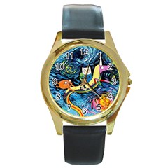 Cartoon Parody  Art Starry Night Van Gogh Round Gold Metal Watch