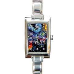 Castle Starry Night Print Van Gogh Parody Rectangle Italian Charm Watch by Sarkoni