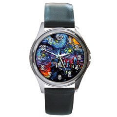 Castle Starry Night Print Van Gogh Parody Round Metal Watch