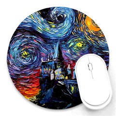 Castle Starry Night Print Van Gogh Parody Round Mousepad by Sarkoni