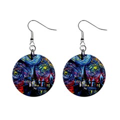 Castle Starry Night Print Van Gogh Parody Mini Button Earrings by Sarkoni