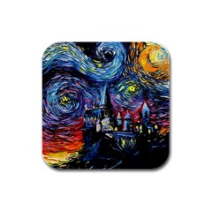 Castle Starry Night Print Van Gogh Parody Rubber Square Coaster (4 Pack) by Sarkoni