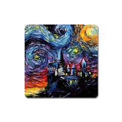 Castle Starry Night Print Van Gogh Parody Square Magnet by Sarkoni