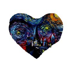 Castle Starry Night Print Van Gogh Parody Standard 16  Premium Flano Heart Shape Cushions