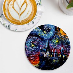 Castle Starry Night Print Van Gogh Parody Uv Print Round Tile Coaster by Sarkoni