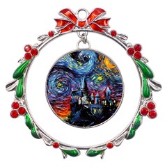 Castle Starry Night Print Van Gogh Parody Metal X mas Wreath Ribbon Ornament by Sarkoni