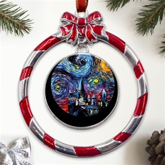 Castle Starry Night Print Van Gogh Parody Metal Red Ribbon Round Ornament