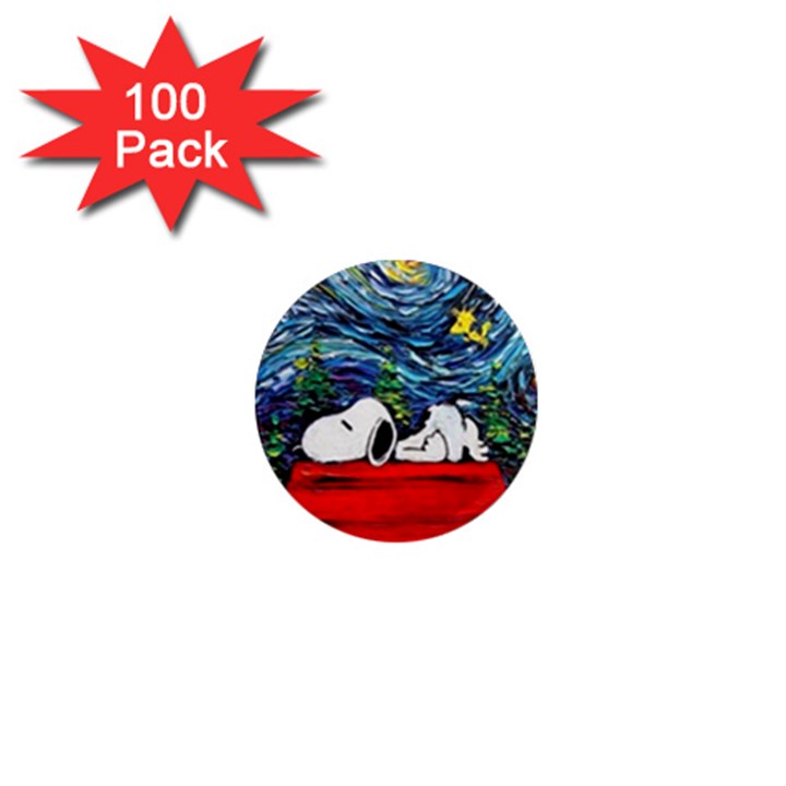 Dog Cartoon Vincent Van Gogh s Starry Night Parody 1  Mini Magnets (100 pack) 