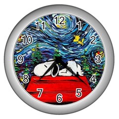 Dog Cartoon Vincent Van Gogh s Starry Night Parody Wall Clock (silver) by Sarkoni