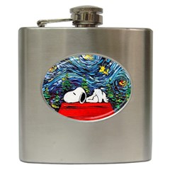 Dog Cartoon Vincent Van Gogh s Starry Night Parody Hip Flask (6 Oz) by Sarkoni